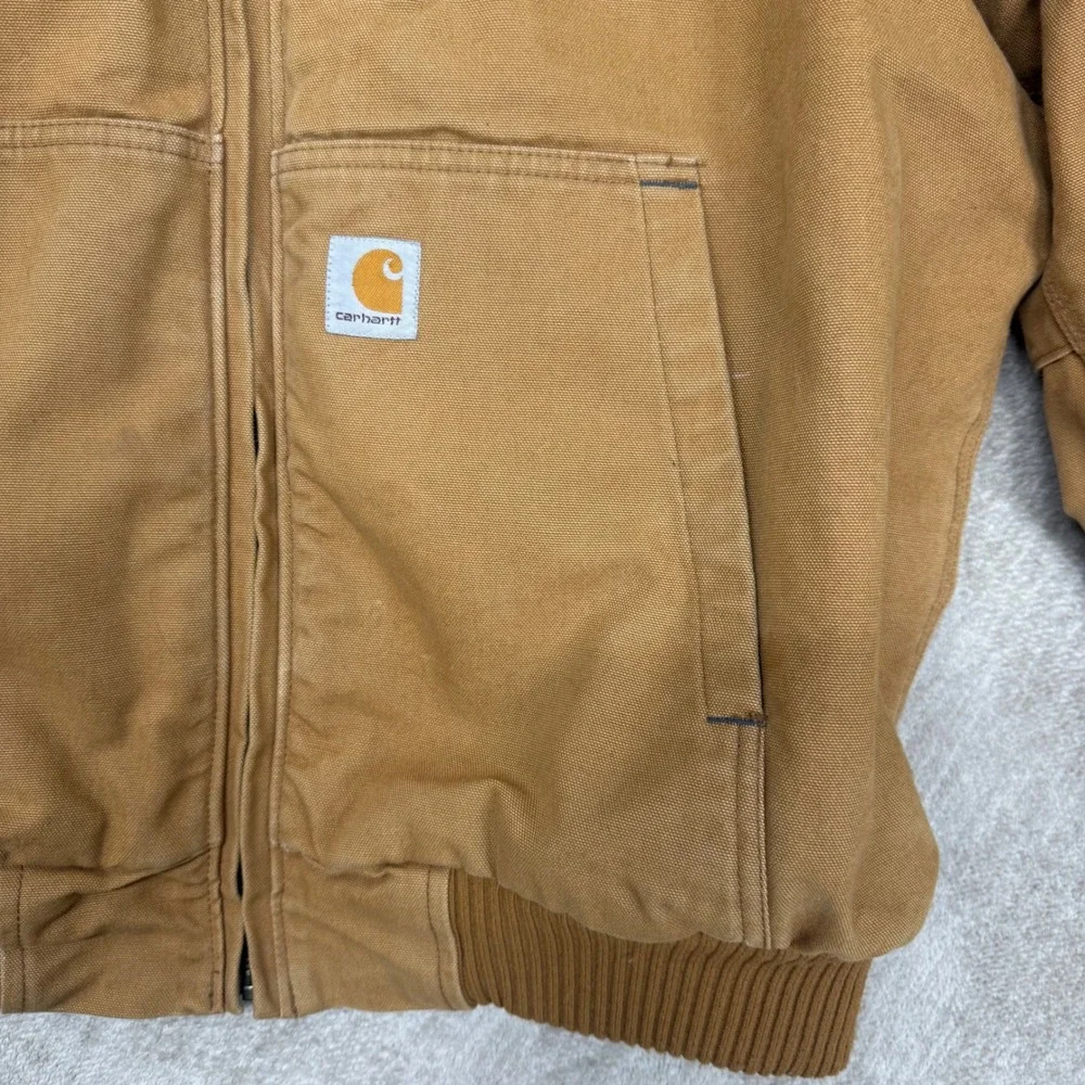 Carhartt Hooded Duck Canvas Jacket Brown Fleece Lined Workwear Full Zip Mens XL